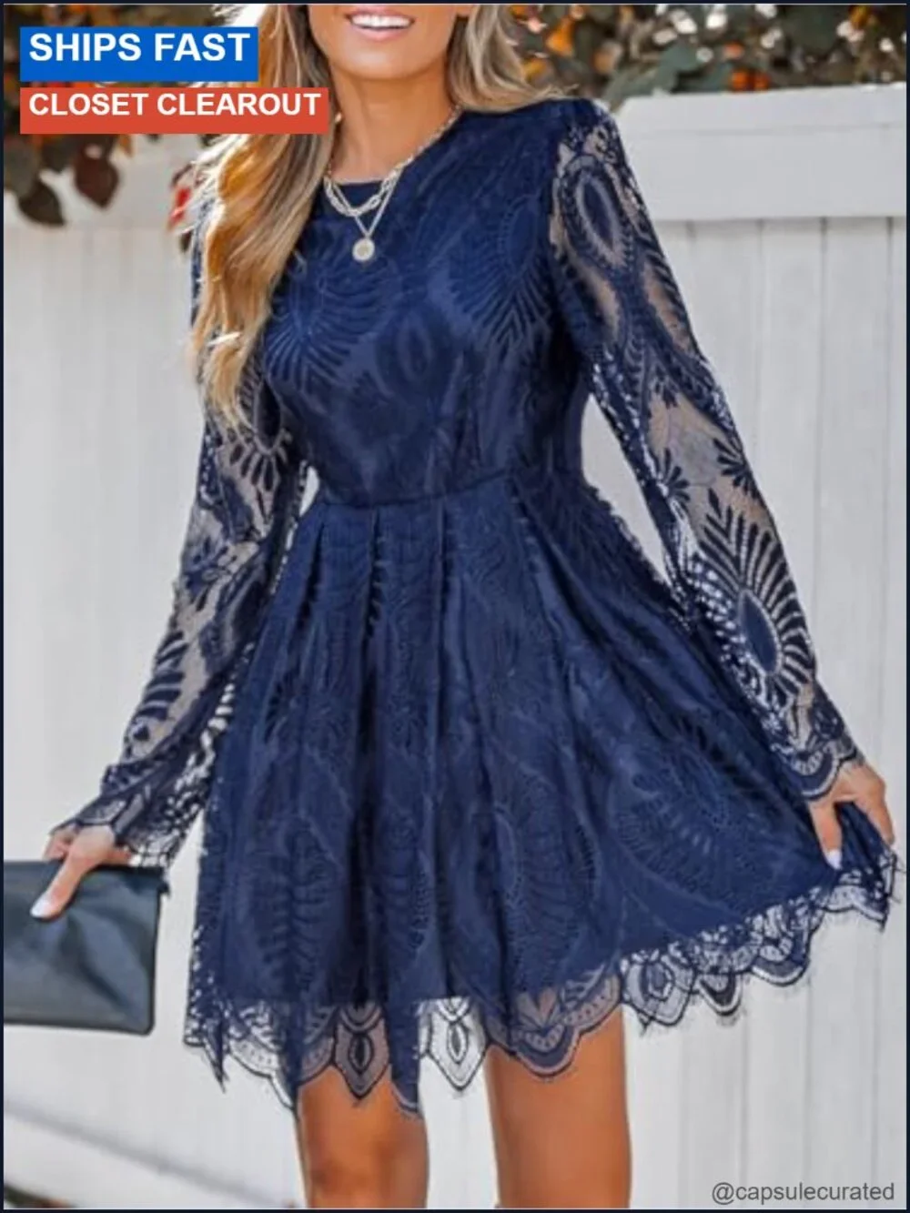 Sheer Insert Scallop Trim Lace Long Sleeve A-Line Mini Dress